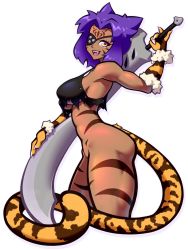 Rule 34 | 1girl, abs, bottomless, breasts, chichishin, claws, deliciousorange, eyepatch, fangs, greatsword, large breasts, muscular, muscular female, navel, pubic hair, purple hair, shia kahn, slit pupils, smile, sword, tail, tiger girl, tiger stripes, tiger tail, underboob, varvarion, weapon, yellow eyes