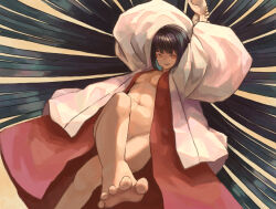 Rule 34 | 1girl, barefoot, breasts, colored eyelashes, covered erect nipples, feet, foot out of frame, hakama, highres, japanese clothes, looking at viewer, miko, navel, open clothes, original, others (gogo-o), red hakama, small breasts, solo, spread toes, toes