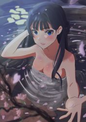 Rule 34 | 1girl, absurdres, bad id, bad pixiv id, black hair, blue eyes, breasts, cherry blossoms, cleavage, hand up, highres, idolmaster, idolmaster million live!, long hair, medium breasts, mogami shizuka, motivationmoti, onsen, outstretched hand, solo, wet