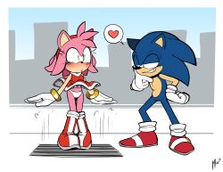 2023 absurdres accidental_exposure amy_rose blush dress embarrassed eulipotyphlan furry gloves green_eyes heart hetero highres lettuce_(artist) panties pantyshot qqlettuce red_dress shoes skirt smile sonic_(series) sonic_the_hedgehog underwear upskirt white_panties wind wind_lift