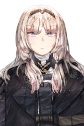 Rule 34 | 1girl, an-94 (girls&#039; frontline), bad id, bad pixiv id, blonde hair, blue eyes, blush, breasts, cloak, closed mouth, expressionless, girls&#039; frontline, gloves, hair ribbon, hairband, highres, hobby, jacket, light particles, long hair, looking at viewer, open clothes, ribbon, shirt, sidelocks, simple background, strap, tactical clothes, tress ribbon, white background