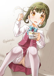 Rule 34 | 10s, 1girl, blush, bow, dress, dress shirt, food, food on face, gradient background, green hair, kantai collection, open mouth, panties, panties under pantyhose, pantyhose, pantyshot, pink dress, plaid, plaid panties, sexually suggestive, shirt, sitting, sogabe toshinori, solo, takanami (kancolle), translation request, underwear, white pantyhose, yellow eyes, yellow panties