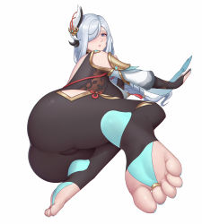 Rule 34 | 1girl, absurdres, all fours, ass, bare shoulders, bibita (zee s), blush, bodysuit, braid, breasts, bridal gauntlets, bridal legwear, cameltoe, embarrassed, from behind, genshin impact, green eyes, hair ornament, hair over one eye, highres, hip vent, large breasts, long hair, looking at viewer, looking back, low-braided long hair, low-tied long hair, shenhe (genshin impact), shiny clothes, shiny skin, sideboob, skin tight, solo, toeless legwear, toes, very long hair, white hair