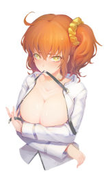 Rule 34 | 1girl, ahoge, asymmetrical hair, blush, breasts, bright pupils, cleavage, collarbone, covering privates, covering breasts, fate/grand order, fate (series), fujimaru ritsuka (female), hair between eyes, hair ornament, hair scrunchie, large breasts, liusang, long sleeves, looking at viewer, medium hair, mouth hold, no bra, open clothes, orange hair, scrunchie, shiny skin, simple background, solo, tsurime, uniform, upper body, white background, yellow eyes
