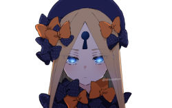 Rule 34 | 1girl, abigail williams (fate), black bow, black hat, blonde hair, blue eyes, blush, bow, breasts, citron80citron, fate/grand order, fate (series), forehead, glowing, glowing eyes, hair bow, hat, keyhole, long hair, looking at viewer, multiple hair bows, orange bow, parted bangs, polka dot, polka dot bow, small breasts, solo