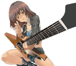 Rule 34 | 1girl, boots, breasts, brown eyes, brown hair, cigarette, electric guitar, gibson explorer, guitar, instrument, jewelry, necklace, open mouth, perspective, shihira tatsuya, short hair, shorts, smoking, solo