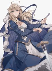 Rule 34 | 1girl, absurdres, ahoge, alternate hair length, alternate hairstyle, artoria pendragon (all), artoria pendragon (fate), blonde hair, blue dress, blue ribbon, board game, breasts, closed mouth, dress, excalibur (fate/stay night), fate/grand order, fate (series), go (board game), hair between eyes, hair down, hair ribbon, highres, holding, huge filesize, ribbon, saber (fate)