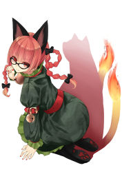 Rule 34 | 1girl, animal ears, bell, bespectacled, braid, braided hair rings, cat, cat ears, cat tail, collar, dress, extra ears, female focus, fire, flame-tipped tail, full body, glasses, hair ribbon, hair rings, jingle bell, kaenbyou rin, lace, lace-trimmed skirt, lace-up sleeves, lace trim, long hair, looking at viewer, multiple tails, nabeshima tetsuhiro, nail polish, neck bell, nekomata, red eyes, red hair, ribbon, sash, shoes, silhouette, simple background, sitting, skirt, smile, solo, tail, touhou, twin braids, twintails, white background