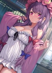 Rule 34 | 1girl, blush, book, book stack, bookshelf, bow, breasts, cleavage, collarbone, hair bow, hat, highres, indoors, large breasts, looking at viewer, mob cap, patchouli knowledge, pink eyes, purple eyes, purple robe, robe, sidelocks, solo, touhou, white chemise, wowoguni