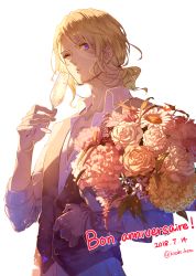 Rule 34 | absurdres, akazu kieshi, alcohol, axis powers hetalia, blonde hair, blue eyes, bouquet, champagne, champagne flute, commentary request, cup, dated, drink, drinking glass, flower, france (hetalia), french text, highres, holding, male focus, one eye closed, personification, simple background, solo, twitter username, upper body, waistcoat, white background