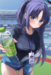 Rule 34 | 1girl, black halo, black skirt, blue archive, blue buruma, blue eyes, blue hair, blue jacket, bottle, bra visible through clothes, breasts, buruma, closed mouth, collarbone, commentary, giving, gym shirt, gym uniform, halo, highres, holding, holding bottle, id card, jacket, lanyard, large breasts, leaning forward, lemonade, long hair, looking at viewer, off shoulder, official alternate costume, open clothes, open jacket, partially unzipped, ponytail, see-through, shirt, short sleeves, skirt, solo, stadium, star sticker, sticker on face, sweatdrop, track jacket, ttusee5, wet, wet clothes, wet shirt, yuuka (blue archive), yuuka (track) (blue archive)