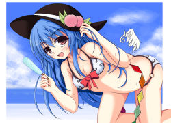 Rule 34 | 1girl, all fours, bikini, blue hair, chitosy, food, fruit, hat, hinanawi tenshi, long hair, md5 mismatch, peach, popsicle, red eyes, resolution mismatch, solo, source smaller, swimsuit, touhou