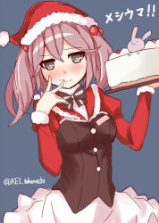 Rule 34 | 10s, 1girl, :q, blue background, blush, breasts, brown eyes, cake, food, hair bobbles, hair ornament, hat, kantai collection, looking at viewer, pink hair, santa hat, sazanami (kancolle), short hair, sketch, small breasts, solo, takanashie, tongue, tongue out, twintails, twitter username, upper body