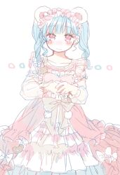 Rule 34 | 1girl, blue hair, blush, cha ipride, closed mouth, collarbone, commentary request, dress, frilled dress, frills, heart, highres, hyodou shizuku, idoly pride, long sleeves, looking at viewer, own hands together, puffy long sleeves, puffy sleeves, red eyes, simple background, sketch, smile, solo, twintails, white background, white dress