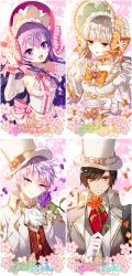 Rule 34 | 2boys, 2girls, :d, add (elsword), aisha landar, ascot, black hair, bonnet, bow, bridal gauntlets, brooch, cherry blossoms, cup, detached collar, detached sleeves, elsword, eve (elsword), flower, formal, gloves, hat, jewelry, long hair, looking at viewer, multiple boys, multiple girls, myoya, open mouth, orange bow, orange flower, orange rose, petals, pink bow, plate, purple eyes, purple flower, purple hair, purple rose, raven cronwell, rose, smile, striped, striped bow, suit, teacup, top hat, white gloves, white hair, white hat, yellow eyes