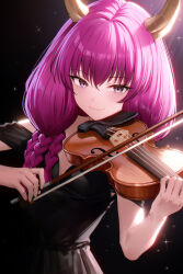 Rule 34 | 1girl, 95---, alternate costume, aura (sousou no frieren), black background, black dress, bow (music), braid, closed mouth, commentary request, demon girl, demon horns, dress, grey eyes, hair between eyes, highres, holding, holding bow (music), holding instrument, holding violin, horns, instrument, long hair, looking at viewer, low-braided long hair, low-tied long hair, multiple braids, music, playing instrument, purple hair, smile, solo, sousou no frieren, star (symbol), starry background, strapless, strapless dress, violin