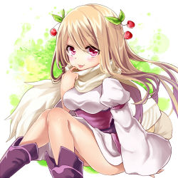 Rule 34 | 1girl, anais del caril, blonde hair, boots, cherry, dress, finger to mouth, food, fruit, hair ornament, juliet sleeves, long hair, long sleeves, looking at viewer, lowres, pink eyes, puffy sleeves, sash, scarf, sitting, smile, solo, tales weaver, tongue, tongue out, very long hair, white dress, wide sleeves, yuya (night lily)