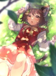Rule 34 | 1girl, :o, animal ear fluff, animal ears, blurry, blush, bow, bowtie, branch, brown eyes, brown hair, cat ears, cat tail, chen, dappled sunlight, day, depth of field, dress, earrings, feet out of frame, gold trim, grass, green hat, hat, highres, jewelry, knee up, leaf, long sleeves, looking at viewer, lying, mob cap, multiple tails, nekomata, on back, open mouth, outdoors, red dress, short hair, single earring, solo, sunlight, tail, touhou, two tails, yellow bow, yellow bowtie, yuxi