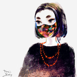 Rule 34 | 1girl, artist name, black hair, dated, grey eyes, highres, jewelry, mask, mouth mask, necklace, original, print mask, procreate (medium), short eyebrows, short hair, signature, simple background, solo, tomidoron, upper body, white background