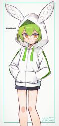 1girl :3 alternate_costume artist_name babayaga_13lood bare_legs black_shorts brown_eyes character_name closed_mouth commentary_request drawstring feet_out_of_frame green_hair hands_in_pockets highres hood hood_up hoodie long_sleeves looking_at_viewer short_eyebrows short_shorts shorts smile solo voiceroid voicevox white_background white_hoodie zipper zundamon