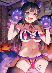 Rule 34 | 1girl, :d, absurdres, animal ears, animal hands, arm garter, bad id, bad pixiv id, bare shoulders, black eyes, black hair, black thighhighs, bra, breasts, choker, cleavage, covered erect nipples, fangs, frills, garter straps, gloves, halloween, halloween bucket, halterneck, hands up, heart, heart tattoo, highres, indoors, large breasts, lingerie, long hair, looking at viewer, love live!, love live! nijigasaki high school idol club, mia (fai1510), navel, open mouth, panties, paw gloves, purple bra, purple panties, smile, solo, stomach, string bra, tail, tattoo, thighhighs, thighs, underwear, underwear only, v-shaped eyebrows, wolf ears, wolf paws, wolf tail, yuuki setsuna (love live!)