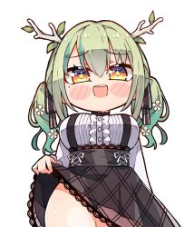 Rule 34 | 1girl, alternate costume, alternate hairstyle, antlers, black choker, blush, breasts, ceres fauna, ceres fauna (jirai kei), choker, clothes lift, cross-laced clothes, flower, frilled shirt, frilled skirt, frills, hair between eyes, hair flower, hair ornament, hair ribbon, highres, hololive, hololive english, horns, kukie-nyan, lace skirt, large breasts, leaf, light green hair, naughty face, official alternate costume, puffy sleeves, ribbon, shirt, shirt tucked in, sidelocks, simple background, skirt, skirt lift, suspender skirt, suspenders, twintails, virtual youtuber, white background, wide hips, yellow eyes