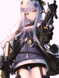 Rule 34 | 1girl, absurdres, assault rifle, bike shorts, black shorts, blunt bangs, breasts, buckle, cowboy shot, cross, dress, dual wielding, facial mark, girls&#039; frontline, gloves, green eyes, grenade launcher, gun, h&amp;k hk416, hair ornament, hair ribbon, hat, headgear, heckler &amp; koch, highres, hk416 (girls&#039; frontline), hk416 (mod3) (girls&#039; frontline), holding, holding gun, holding weapon, iron cross, jacket, long hair, looking at viewer, medium breasts, mini hat, mod3 (girls&#039; frontline), name tag, open clothes, open jacket, ribbon, rifle, short dress, shorts, shorts under dress, silver hair, skell.b, snap-fit buckle, solo, teardrop, very long hair, weapon
