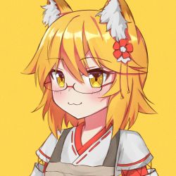 Rule 34 | 1girl, :3, absurdres, animal ear fluff, animal ears, apron, bespectacled, blonde hair, blush, brown apron, closed mouth, commentary request, flower, fox ears, glasses, hair between eyes, hair flower, hair ornament, highres, japanese clothes, kimono, long hair, looking at viewer, miko, red-framed eyewear, red flower, ribbon trim, senko (sewayaki kitsune no senko-san), sewayaki kitsune no senko-san, simple background, smile, solo, upper body, wang man, white kimono, yellow background, yellow eyes