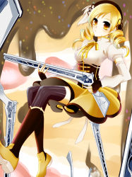 Rule 34 | 10s, 1girl, bad id, bad pixiv id, beret, blonde hair, boots, breasts, brown thighhighs, cake, corset, detached sleeves, drill hair, fingerless gloves, food, fruit, gloves, gun, hair ornament, hairpin, hat, large breasts, magical girl, magical musket, mahou shoujo madoka magica, mahou shoujo madoka magica (anime), mille-feuille (romance chun), mirufiyu, pleated skirt, puffy sleeves, ribbon, rifle, shirt, skirt, smile, solo, strawberry, striped clothes, striped thighhighs, taut clothes, taut shirt, thighhighs, tomoe mami, twin drills, twintails, vertical-striped clothes, vertical-striped thighhighs, weapon, witch&#039;s labyrinth, yellow eyes, zettai ryouiki