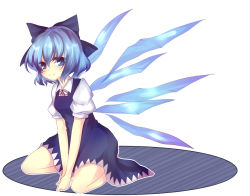Rule 34 | 1girl, bad id, bad pixiv id, blue eyes, blue hair, bow, cirno, embodiment of scarlet devil, hair bow, ice, kneeling, looking at viewer, matching hair/eyes, short hair, simple background, sitting, smile, solo, touhou, uranaishi (miraura), v arms, wings