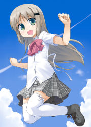 Rule 34 | 1girl, :d, bakutendou, boots, bow, cloud, cover image, cross-laced footwear, day, green eyes, hair ornament, kud wafter, lace-up boots, little busters!, long hair, looking at viewer, noumi kudryavka, open mouth, pink bow, school uniform, silver hair, skirt, sky, smile, solo, thighhighs, white thighhighs, zettai ryouiki