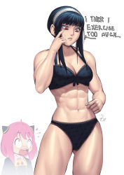 Rule 34 | 2girls, abs, absurdres, anya (spy x family), black bra, black panties, blurry, blurry background, blush, bra, breasts, cameltoe, child, cleavage, commentary, cone hair bun, eden academy school uniform, english commentary, english text, fingernails, gluteal fold, hair bun, hairband, highres, lace, lace-trimmed bra, lace-trimmed panties, lace trim, lingerie, lips, looking at another, looking down, medium breasts, multiple girls, muscle conscious, muscular, muscular female, navel, nose, panties, pinching, pink hair, red eyes, school uniform, short hair, short hair with long locks, simple background, solo focus, speedl00ver, spy x family, sweatdrop, thick thighs, thighs, underwear, white background, white hairband, wide-eyed, yor briar