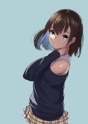 Rule 34 | 1girl, :d, aqua background, barefoot, blush, brown skirt, cowboy shot, from side, green background, green eyes, grin, hand in pocket, hand up, highres, kagematsuri, light smile, looking at viewer, looking to the side, off-shoulder, off-shoulder sweater, off shoulder, open mouth, original, plaid, plaid skirt, short hair, simple background, skirt, smile, solo, sweater, teeth