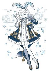 Rule 34 | 1girl, absurdres, ankle socks, artist name, blue bow, blue dress, blue eyes, blue footwear, blue hairband, blue tail, bow, buttons, closed mouth, colored skin, detached sleeves, dress, elina (e2n04n), fins, fish tail, frilled dress, frills, full body, hair bow, hair ornament, hair ribbon, hairband, hand up, highres, limited palette, long hair, looking at viewer, original, ribbon, socks, solo, standing, striped bow, striped clothes, striped socks, tail, tail ornament, thank you, vertical-striped clothes, vertical-striped socks, water, water drop, white background, white bow, white dress, white hair, white skin, white socks