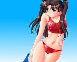 Rule 34 | 00s, 1girl, bikini, breasts, brown hair, cameltoe, competition swimsuit, covered erect nipples, fate/stay night, fate (series), flippers, green eyes, hip focus, jpeg artifacts, long hair, medium breasts, navel, non-web source, one-piece swimsuit, solo, sports bikini, swimsuit, thigh gap, thighs, tohsaka rin, twintails, two side up, wallpaper, wet, wide hips
