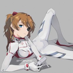 Rule 34 | 1girl, artist request, blue eyes, bodysuit, breasts, broken glass, brown hair, evangelion: 3.0+1.0 thrice upon a time, glass, highres, interface headset, long hair, looking at viewer, looking up, lying, neon genesis evangelion, plugsuit, rebuild of evangelion, shiny clothes, skin tight, souryuu asuka langley, two side up, very long hair, wide hips