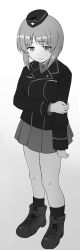 Rule 34 | 10s, 1girl, alternate costume, ashiwara yuu, crying, crying with eyes open, garrison cap, girls und panzer, greyscale, hat, highres, looking away, looking down, monochrome, nishizumi miho, sad, simple background, solo, tears, uniform, white background