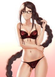 Rule 34 | 1girl, arm under breasts, bare shoulders, black-framed eyewear, bra, breasts, brown eyes, brown hair, cleavage, closed mouth, collarbone, commentary request, fate/grand order, fate (series), glasses, gradient background, hand up, highres, hip focus, long braid, long hair, looking at viewer, mashuu (neko no oyashiro), medium breasts, navel, panties, red bra, red panties, sidelocks, solo, thighs, underwear, underwear only, very long hair, yu mei-ren (fate), yu mei-ren (first ascension) (fate)