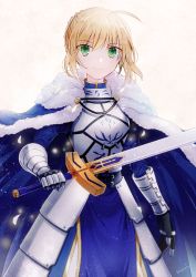 Rule 34 | 1girl, ahoge, armor, armored dress, artoria pendragon (all), artoria pendragon (fate), bad id, bad pixiv id, blonde hair, blue cape, blue dress, braid, breasts, cape, commentary request, dress, excalibur (fate/stay night), fate/grand order, fate/stay night, fate (series), fur collar, fur trim, gauntlets, green eyes, hair ribbon, holding, holding sword, holding weapon, looking at viewer, noru (lila2), ribbon, saber (fate), short hair, smile, solo, sword, weapon
