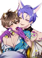 Rule 34 | 2boys, animal ear fluff, animal ears, bare shoulders, blush, brown eyes, brown hair, cheetah boy, cheetah ears, close-up, crystal, ear licking, eiden (nu carnival), eyeshadow, fang, fingernails, fingers in mouth, flower tattoo, fox boy, fox ears, glasses, heterochromia, highres, holding, holding glasses, jewelry, kuya (nu carnival), licking, looking at another, makeup, male focus, multiple boys, necklace, nu carnival, off shoulder, pectoral cleavage, pectorals, purple eyes, purple hair, sharp fingernails, shoulder tattoo, sleeveless, slit pupils, tattoo, teeth, tongue, tongue out, upper body, upper teeth only, yadome810, yaoi, yellow eyes