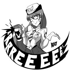 Rule 34 | 1girl, absurdres, alternate costume, artist name, belt, bigdead, breasts, d.va (overwatch), dated, english text, closed eyes, facial mark, female focus, gloves, greyscale, hands up, hat, highres, holding, lips, long hair, medium breasts, monochrome, necktie, overwatch, overwatch 1, pants, police, police hat, police uniform, shirt, simple background, smile, solo, spray can, striped, striped necktie, text focus, uniform, watermark, white background