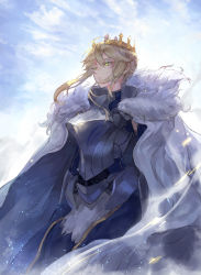 Rule 34 | 1girl, armor, armored dress, artoria pendragon (fate), artoria pendragon (lancer) (fate), backlighting, blonde hair, blue dress, blue sky, braid, braided bun, breastplate, cloak, closed mouth, cloud, commentary, cross, crown, day, dress, expressionless, fate/grand order, fate (series), floating hair, french braid, fur-trimmed cloak, fur trim, green eyes, hair between eyes, hair bun, highres, kachi, light particles, long sleeves, looking away, short hair with long locks, sidelocks, sky, solo, standing, vambraces, white cloak, wind