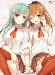 Rule 34 | 2girls, ;d, aqua hair, artist name, blush, brown hair, hair ornament, holding hands, jewelry, kantai collection, kumano (kancolle), long hair, looking at viewer, multiple girls, neckerchief, one-hour drawing challenge, one eye closed, open mouth, pleated skirt, ponytail, ring, signature, skirt, smile, suzuya (kancolle), thighhighs, toosaka asagi, wedding band, zettai ryouiki