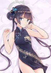 Rule 34 | 1girl, akaya (pixiv20545353), bare arms, bare shoulders, bed sheet, black dress, black hair, blue archive, breasts, butterfly hair ornament, china dress, chinese clothes, commentary request, covered collarbone, double bun, dress, grey eyes, hair bun, hair ornament, halo, hands up, highres, kisaki (blue archive), long hair, looking at viewer, lying, on back, parted lips, sleeveless, sleeveless dress, small breasts, solo, twintails, very long hair