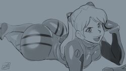 Rule 34 | 1girl, arm support, ass, bodysuit, breasts, curvy, gloves, hair between eyes, highres, huge ass, legs together, long hair, looking at viewer, lying, medium breasts, monochrome, neon genesis evangelion, on stomach, out of frame, plugsuit, shiny clothes, signature, simple background, smile, smug, solo, souryuu asuka langley, wide hips, zestysauce