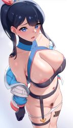 Rule 34 | 1girl, black gloves, black hair, black skirt, blue eyes, blue jacket, blush, breasts, cleavage, gloves, gridman universe, gridman universe (film), hair ribbon, halterneck, highres, houkago shounen, jacket, large breasts, leg tattoo, long hair, looking at viewer, midriff, multicolored clothes, multicolored jacket, navel, off shoulder, official alternate costume, official alternate hairstyle, open mouth, panties, panty pull, ponytail, pubic hair, pussy, ribbon, simple background, skirt, solo, ssss.gridman, takarada rikka, tattoo, thigh strap, thighs, underwear, white background, white jacket
