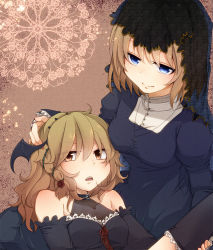 Rule 34 | 2girls, alice margatroid, alternate costume, aoi (annbi), bad id, bad pixiv id, bare shoulders, blue eyes, braid, brown hair, collarbone, cross, cross necklace, elbow gloves, female focus, gloves, hand on another&#039;s head, head wings, jewelry, kirisame marisa, lap pillow, long hair, lying on lap, multiple girls, necklace, open mouth, single braid, smile, touhou, veil, wings, yellow eyes