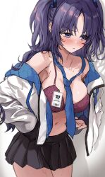 Rule 34 | 1girl, black skirt, blue archive, blue necktie, blush, bra, breasts, highres, id card, jacket, jacket partially removed, large breasts, long hair, loose necktie, miniskirt, navel, necktie, no shirt, pleated skirt, purple bra, purple eyes, purple hair, saya (mychristian2), simple background, skirt, solo, stomach, sweat, two-sided fabric, two-sided jacket, two side up, underwear, very long hair, white background, yuuka (blue archive)