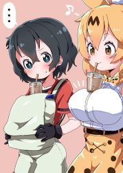 Rule 34 | ..., 2girls, animal ears, animal print, bad id, bad twitter id, bag, black hair, blonde hair, blouse, blue eyes, blush, bow, bowtie, breasts, bright pupils, bubble tea, bubble tea challenge, collarbone, cup, drinking, gloves, hair between eyes, highres, kaban (kemono friends), kemono friends, large breasts, leopard print, multiple girls, musical note, nekonyan (inaba31415), pink background, red shirt, serval (kemono friends), shirt, short hair, short sleeves, shorts, simple background, skirt, small breasts, smile, sweatdrop, tea, traditional bowtie, wavy hair, white pupils, yellow eyes