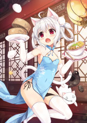Rule 34 | 1girl, ahoge, animal, animal ears, baozi, black panties, blue dress, blush, bowl, breasts, bun cover, cat, cat ears, cat tail, china dress, chinese clothes, chopsticks, cleavage, clothes theft, covered navel, detached collar, double bun, dress, egg (food), elbow gloves, fang, food, gloves, hair bun, hair rings, hardboiled egg, highres, holding, holding tray, holding with tail, indoors, leg up, looking at viewer, noodles, open mouth, original, panties, pelvic curtain, plate, prehensile tail, ramen, red eyes, sakuraba hikaru (loveindog), shoes, short hair, shrimp, shumai (food), side-tie panties, sleeveless, sleeveless dress, small breasts, solo, standing, standing on one leg, tail, teapot, theft, thighhighs, tray, underwear, underwear theft, untied panties, waitress, water drop, white gloves, white hair, white thighhighs